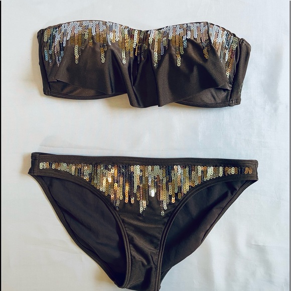 Miss Me Other - Miss Me Brown Sequin Strapless Bikini Set Size Medium